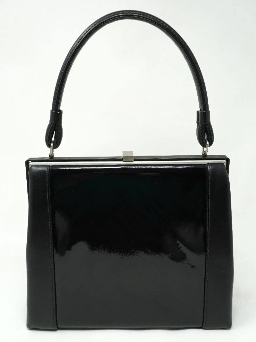 Rare Vintage L&M 1950s Handle Bag with Classic Clasp Opening and Black Leather